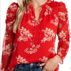 CeCe Lava Flower sheer ruffle blouse, lined.